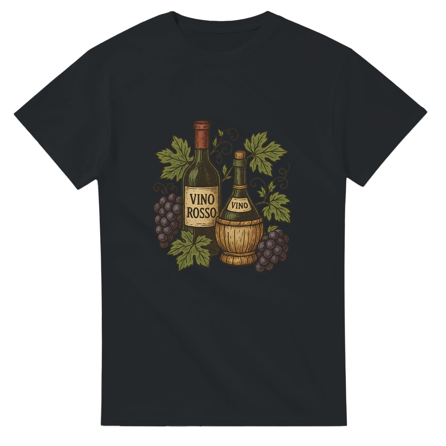 T-shirt med vin och vinstockar, perfekt för att fira italiensk tradition. Vacker vintage vinillustration för vinentusiaster.
