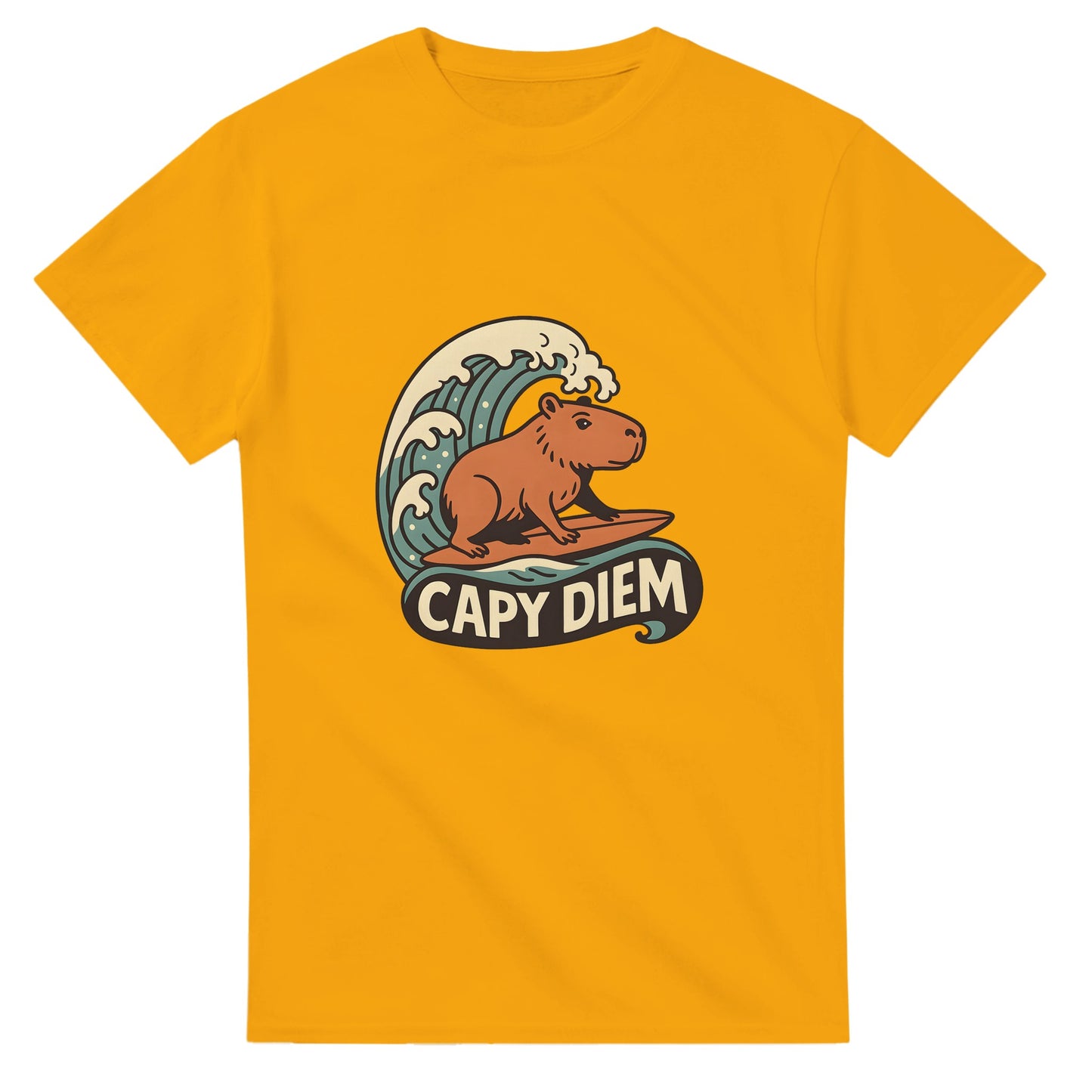 Capy Diem - Surfande capybara som symboliserar positivitet och livsglädje på stranden. Perfekt för strandälskare!