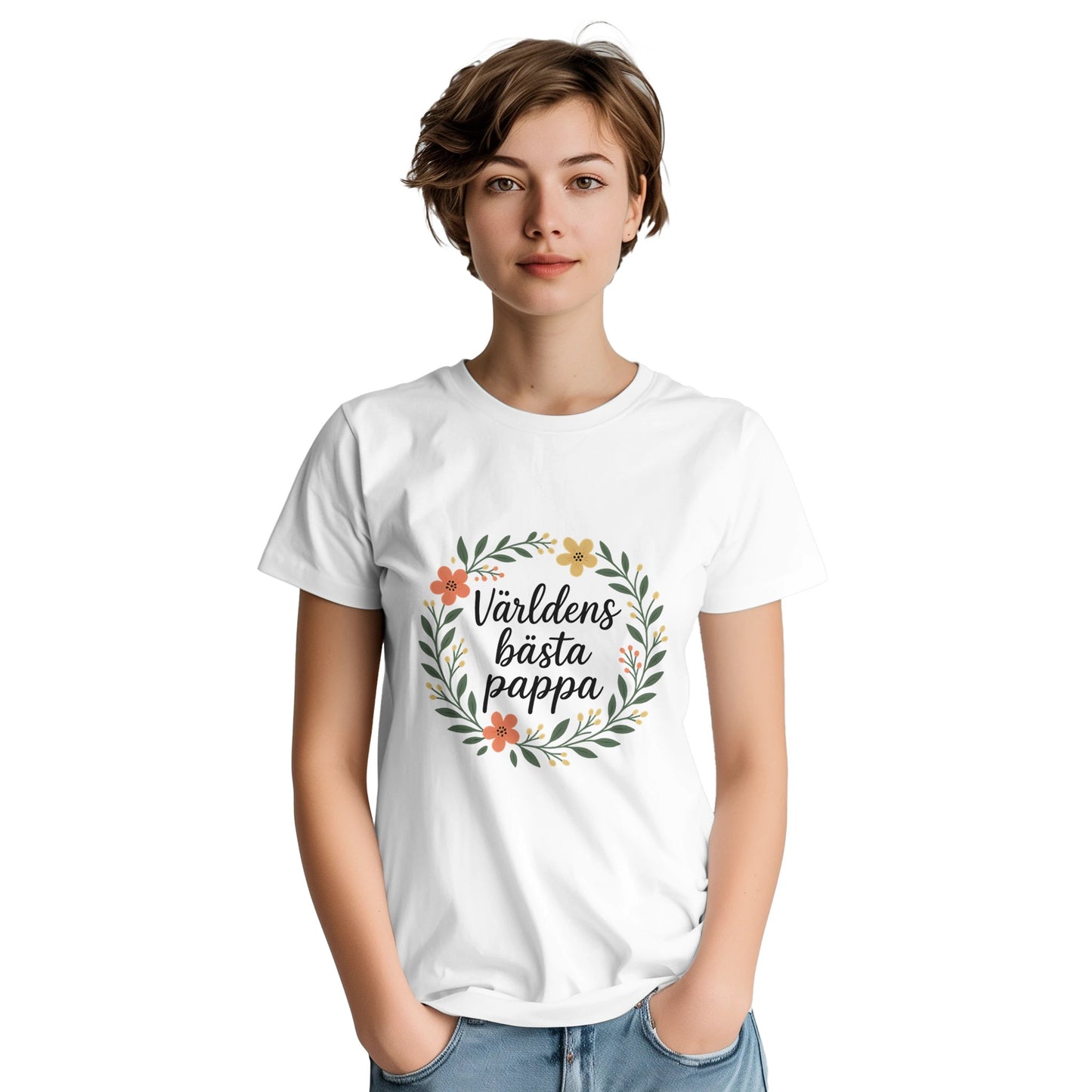 Blomkrans T-shirt för bästa pappan - stilren med handskriven text för en elegant look