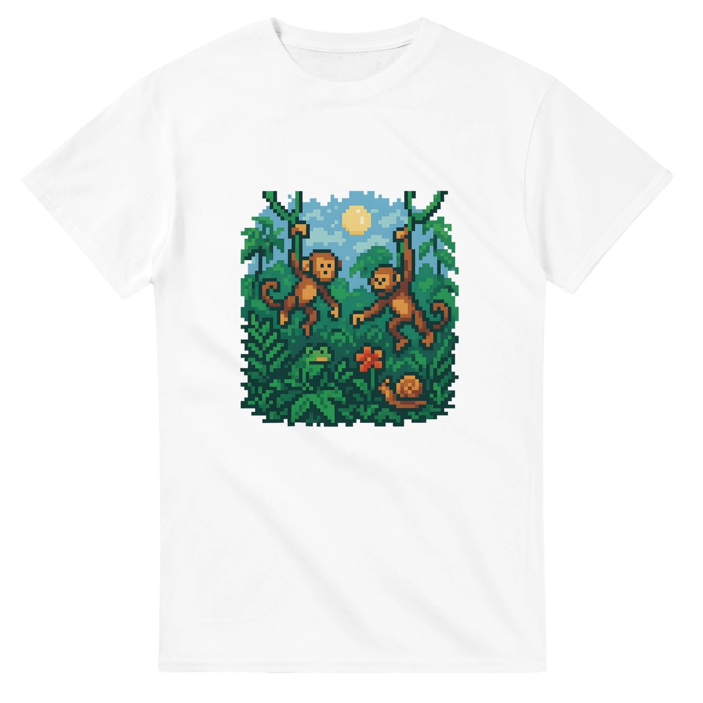 8-bitars djungelresa t-shirt med pixelapor och lianer för äventyrliga äventyrare.