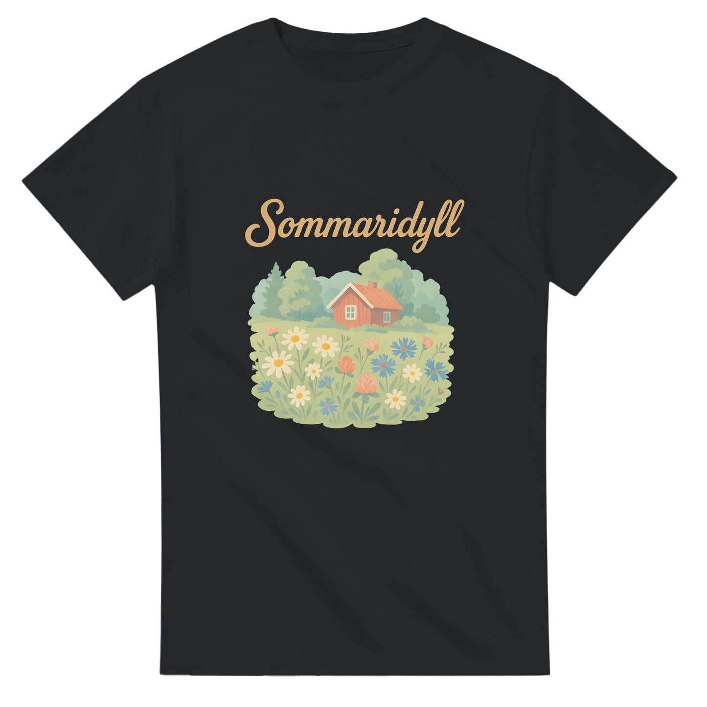T-shirt med svensk vintageillustration av sommaräng, med texten Sommaridyll. Perfekt för nostalgiska sommarens.