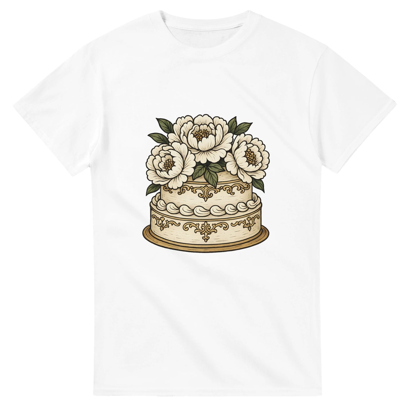 T-shirt med vitt porslin och eleganta pioner som ger en klassisk och gräddig känsla av sekelskiftet.