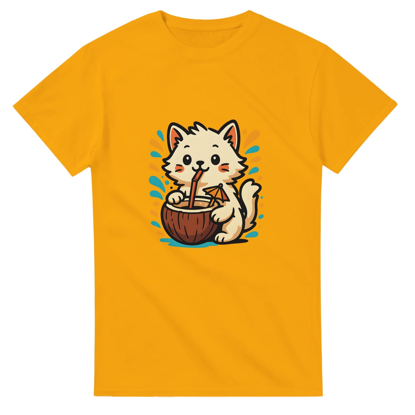 T-shirt med söt katt som dricker ur kokosnöt med sugrör och paraply, omgiven av tropiska färger. Somrig och lekfull look!