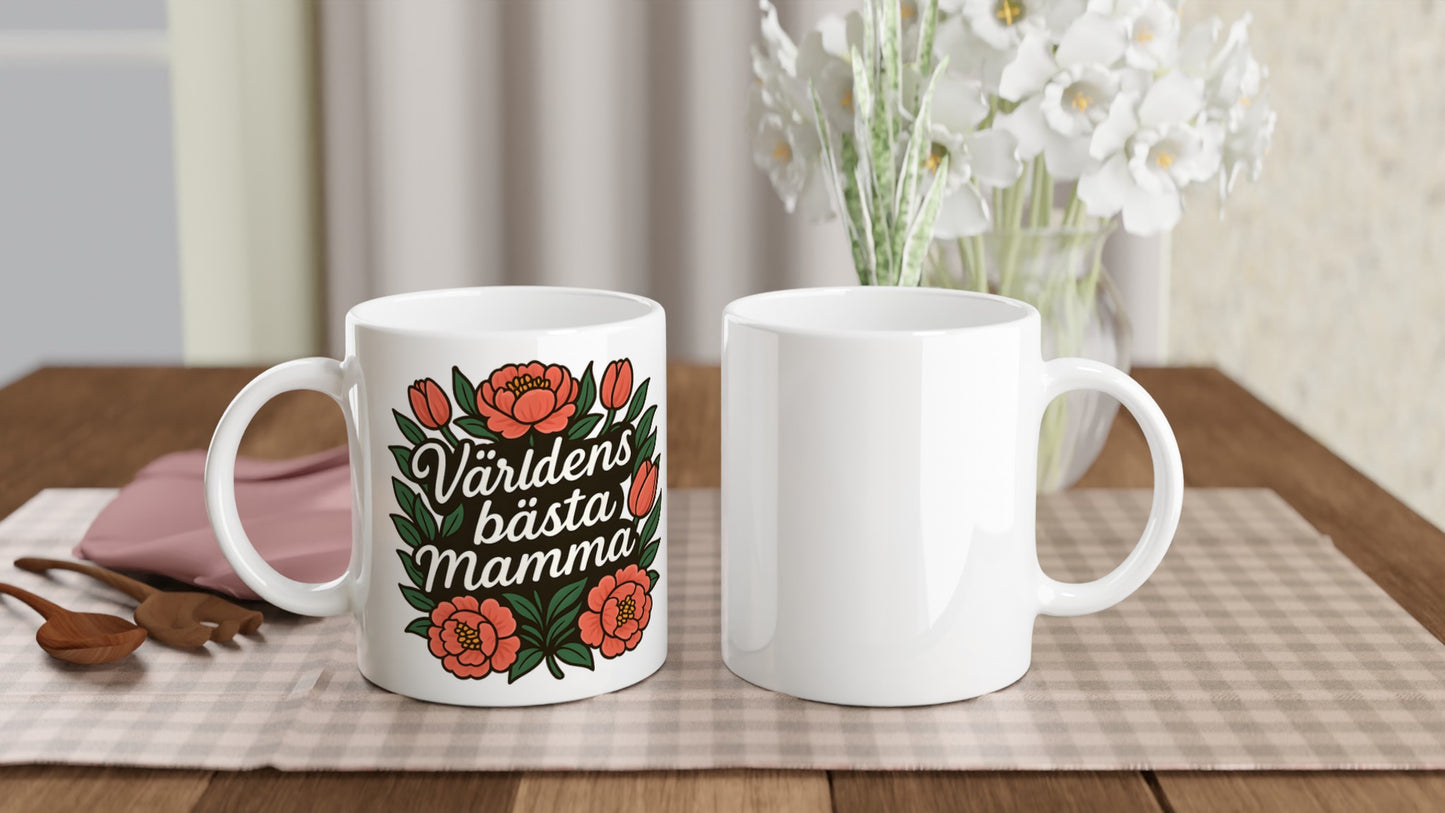 Mugg med budskapet Världens bästa mamma inbäddat i en blomkrans. Perfekt gåva för mamma.