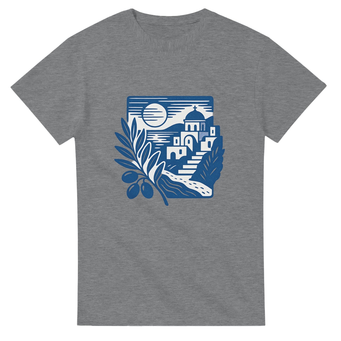 T-shirt med nostalgiskt motiv av grekiskt landskap med olivgrenar och kustvyer. Perfekt för att njuta av skönheten i Grekland.