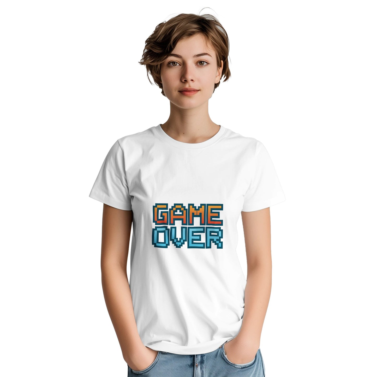T-shirt med neonrand och 'Game Over'-text, inspirerad av gamla tv-spel. Stor och ikonisk design.
