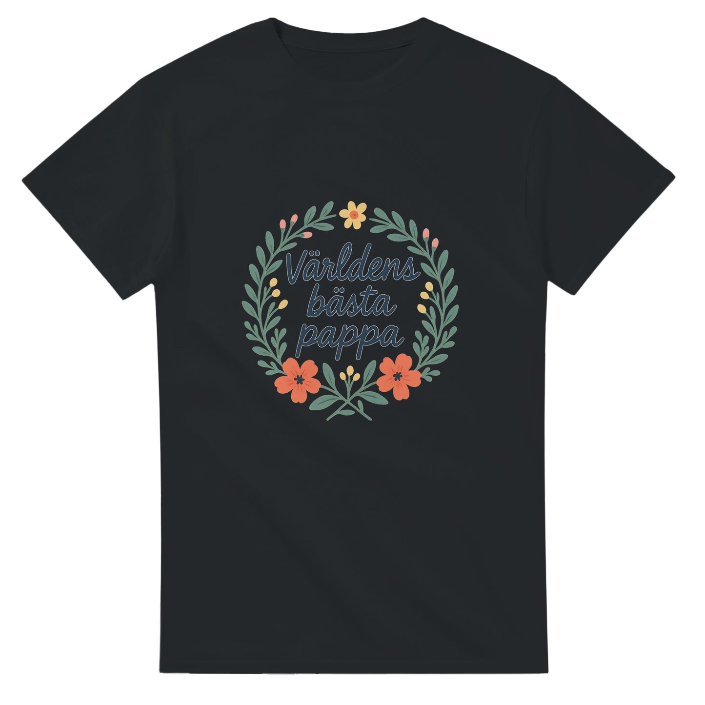 Stilfull T-shirt med handskriven text 'Världens bästa pappa' och blomkrans. Perfekt för den speciella pappan.