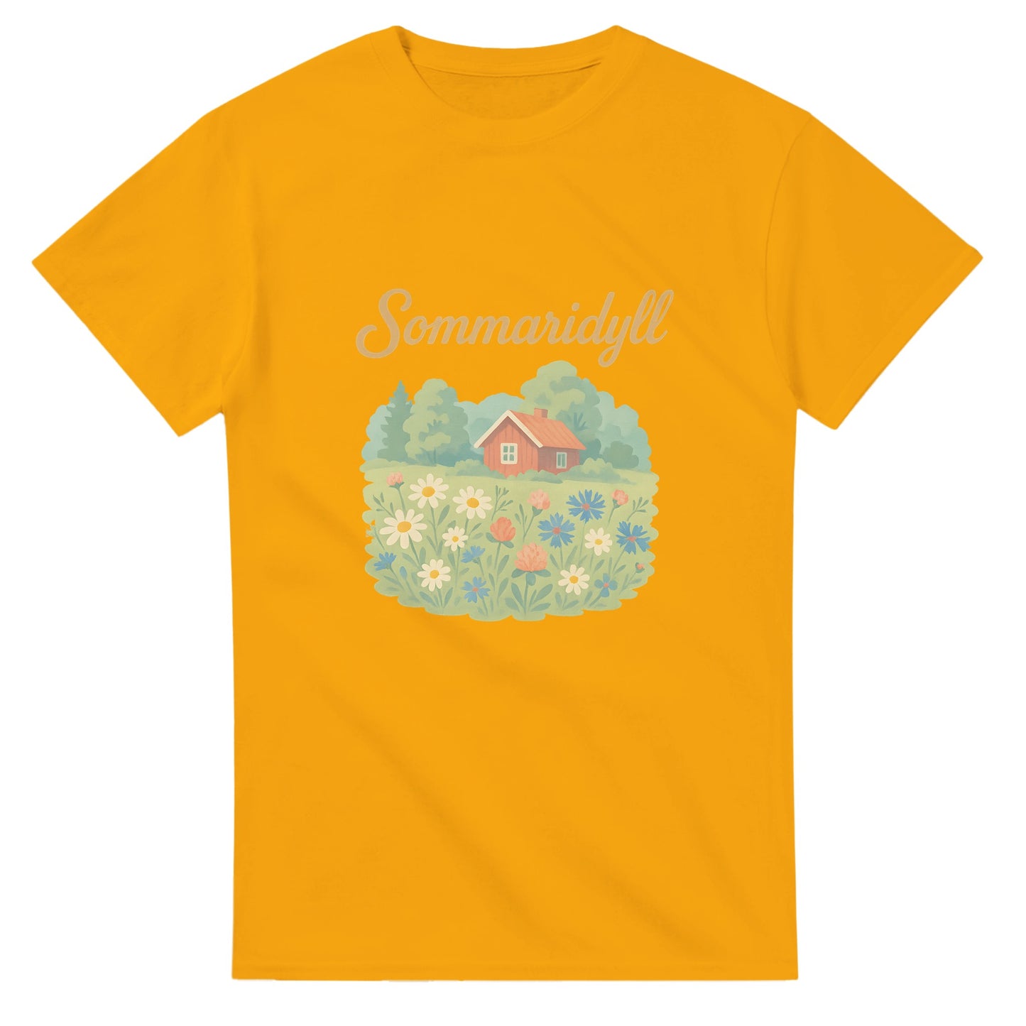 T-shirt med svensk vintageillustration av sommaräng, med texten Sommaridyll. Perfekt för nostalgiska sommarens.
