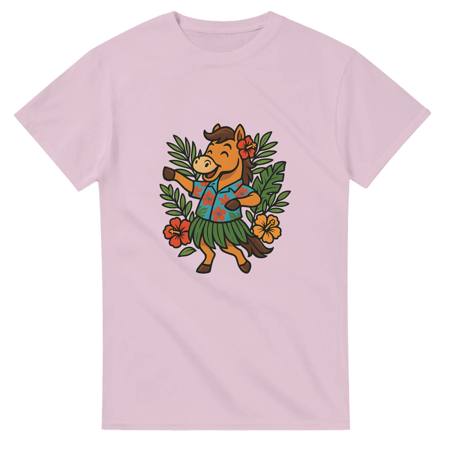Häst i Hawaii-skjorta och gräs-kjol dansar hula, perfekt för tropikälskaren!