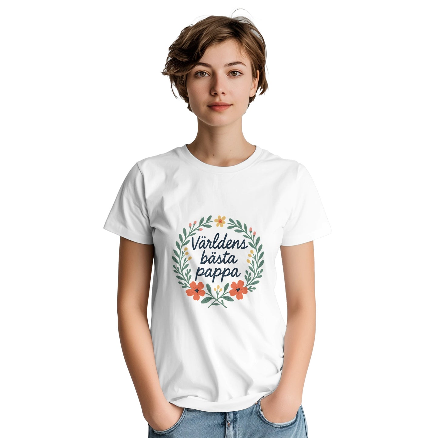 Stilfull T-shirt med handskriven text 'Världens bästa pappa' och blomkrans. Perfekt för den speciella pappan.
