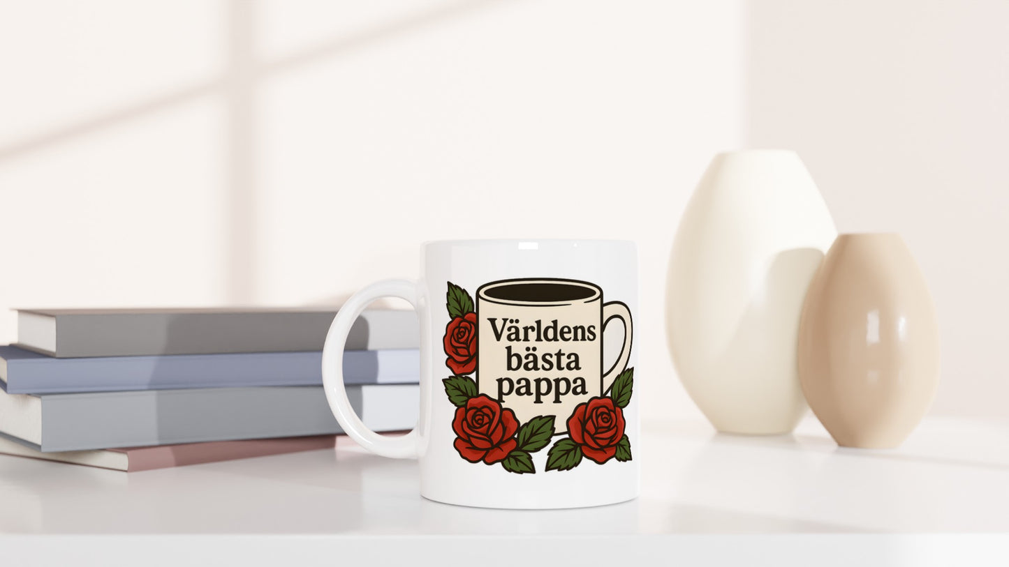 Stilren mugg med elegant typografi och rosor, perfekt för den tidlösa pappan. Enkelt och kraftfullt budskap.
