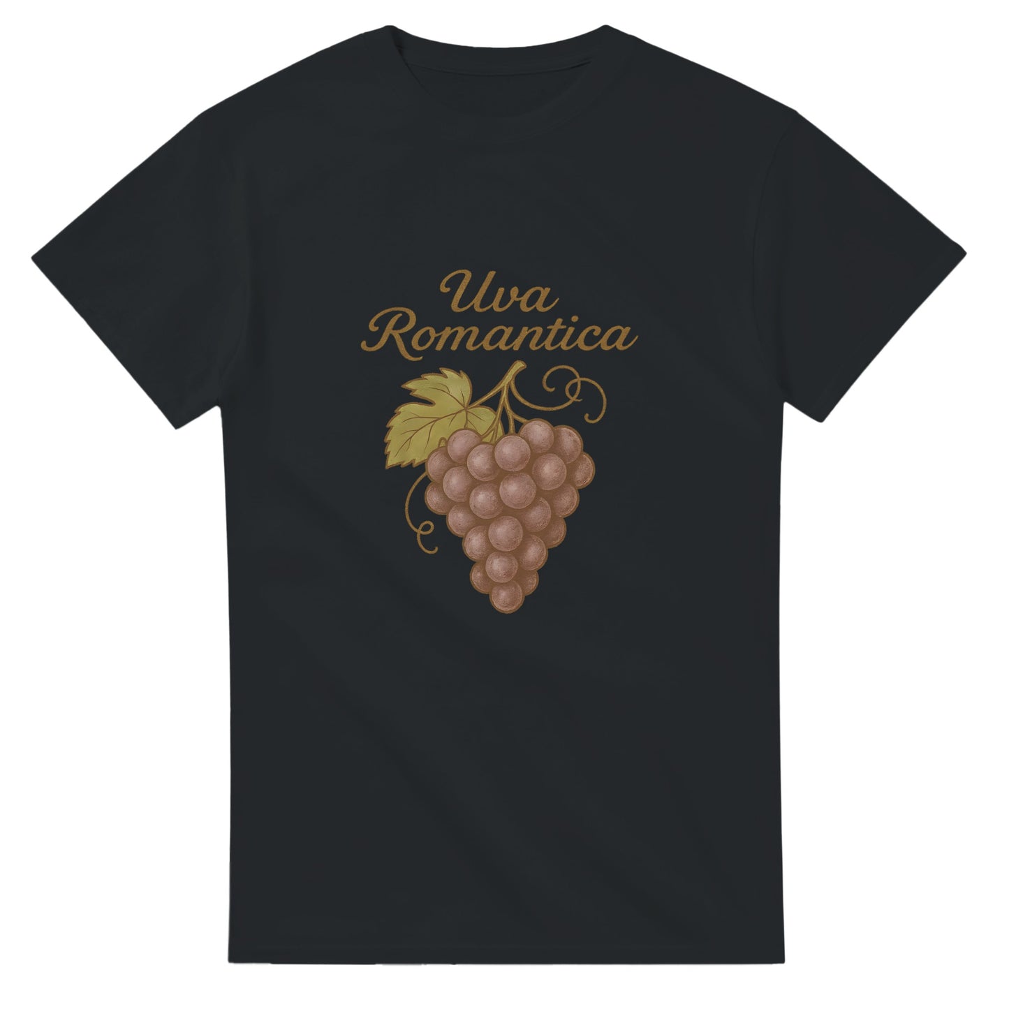 T-shirt med retrostil, 'Uva Romantica' på italienskt manér ovanför, romantisk druvklase.