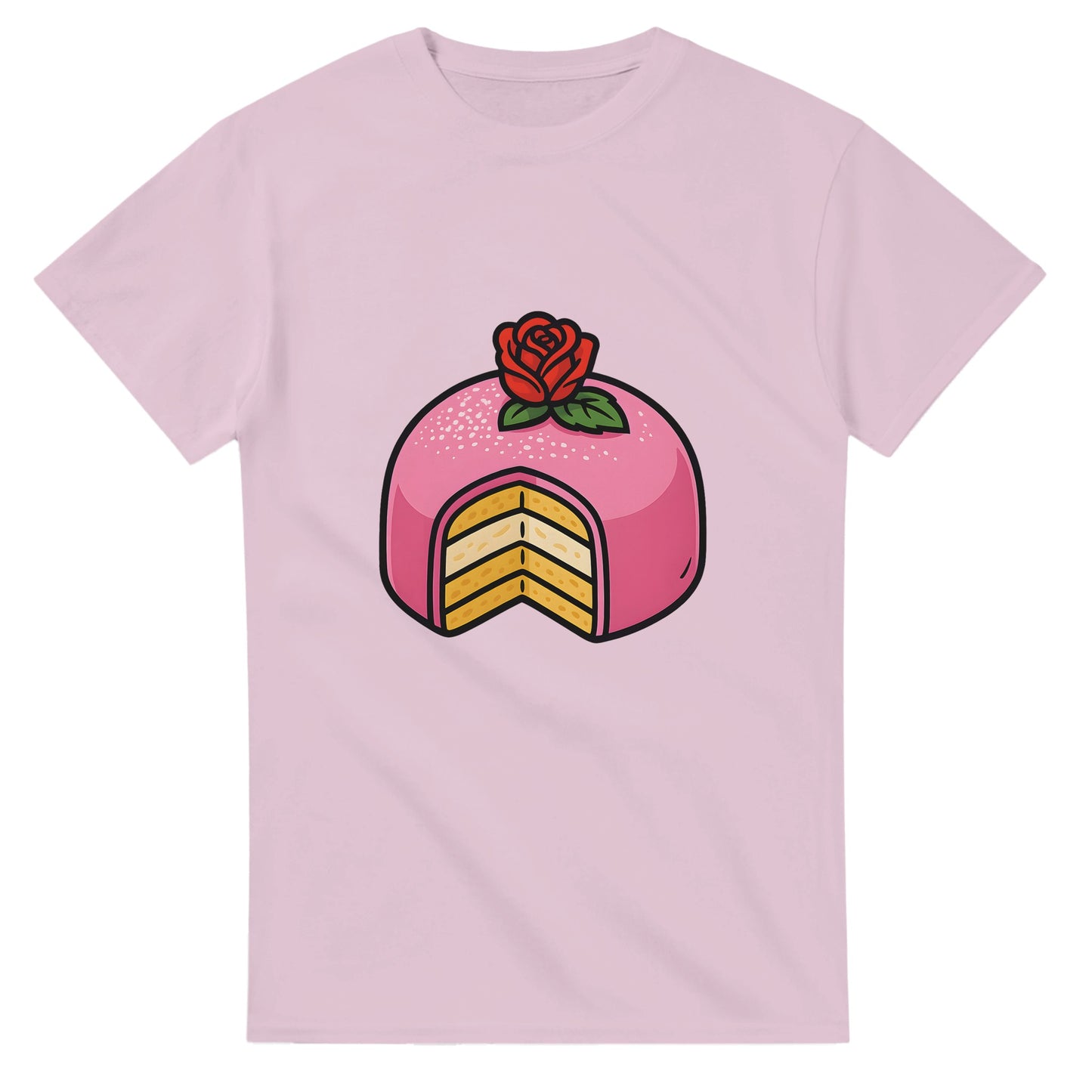 T-shirt med prinsesstårta i rosa marsipan och grädde, perfekt för sötsakälskare.