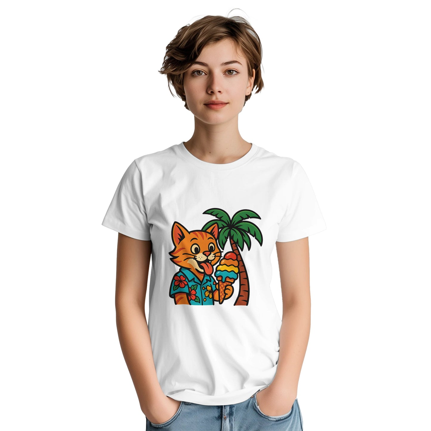 Katt i hawaiiskjorta slickar på regnbågsfärgad glass under palm.