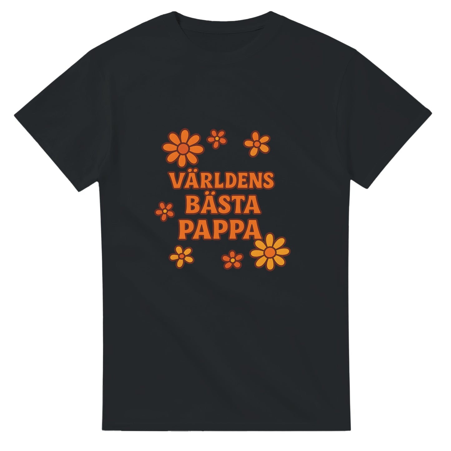 T-shirt med 'Världens bästa pappa' och dekorativa blommor i varma färger.