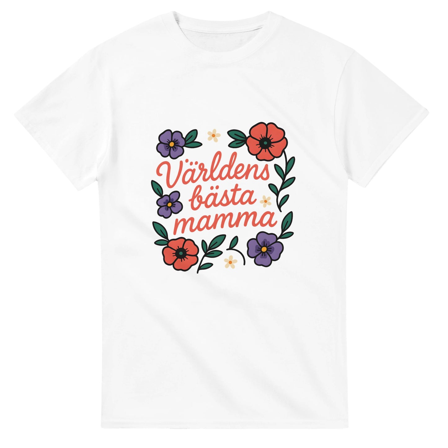 Chic T-shirt med blommönster och 'Världens bästa mamma' i mjukt typsnitt. Perfekt för alla mammor.