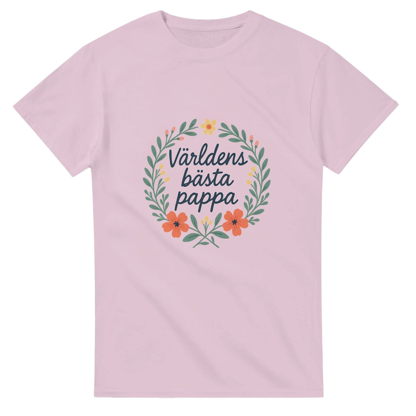 Stilfull T-shirt med handskriven text 'Världens bästa pappa' och blomkrans. Perfekt för den speciella pappan.