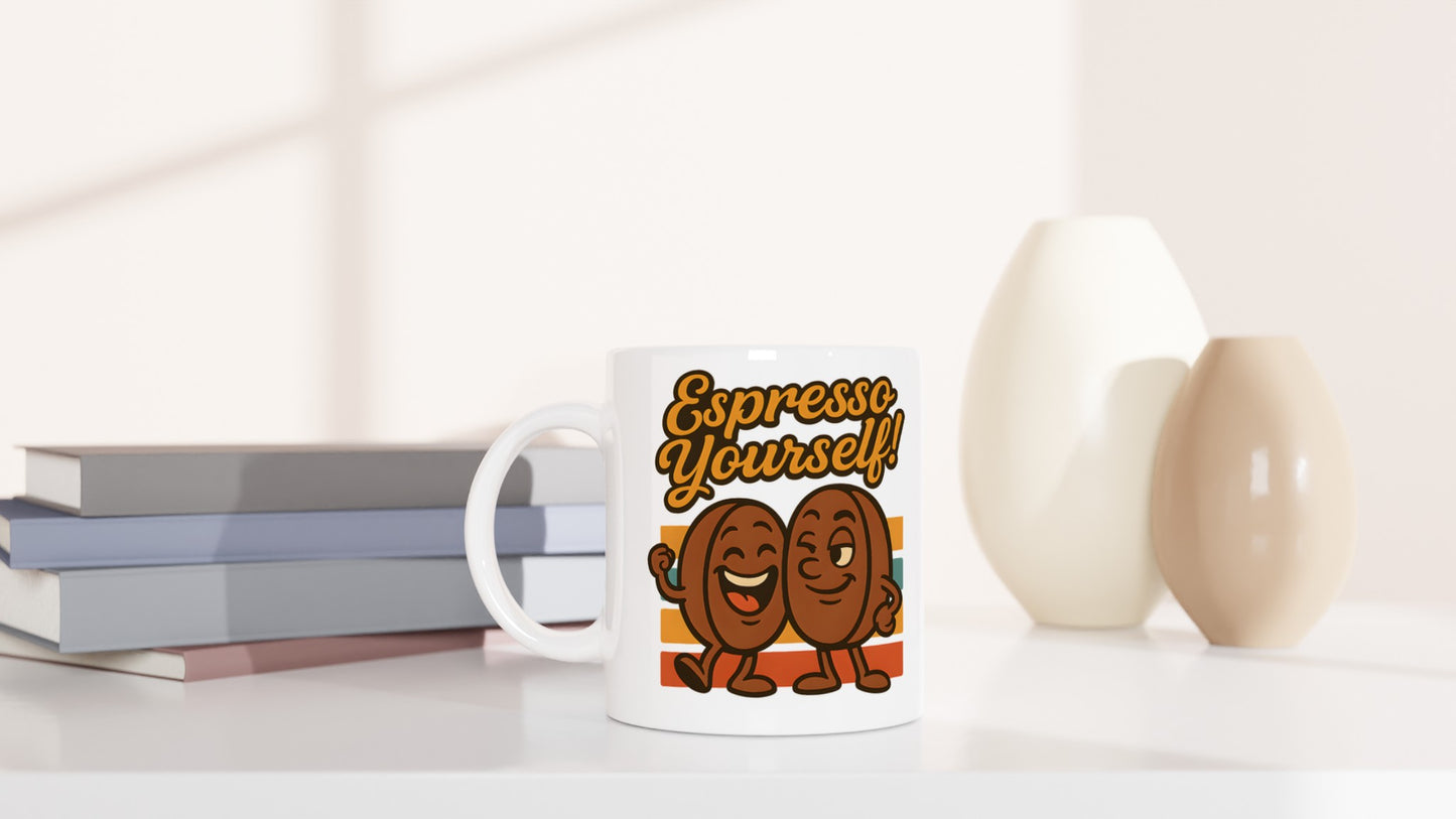 Mugg med kaffebönor och texten 'Espresso Yourself!'. För dig som vill sticka ut.