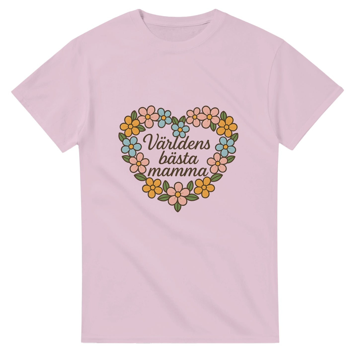 Blomsterhjärta för hyllning av världens bästa mamma. Pastellfärgade blommor formar ett hjärta med texten 'Världens bästa mamma'.