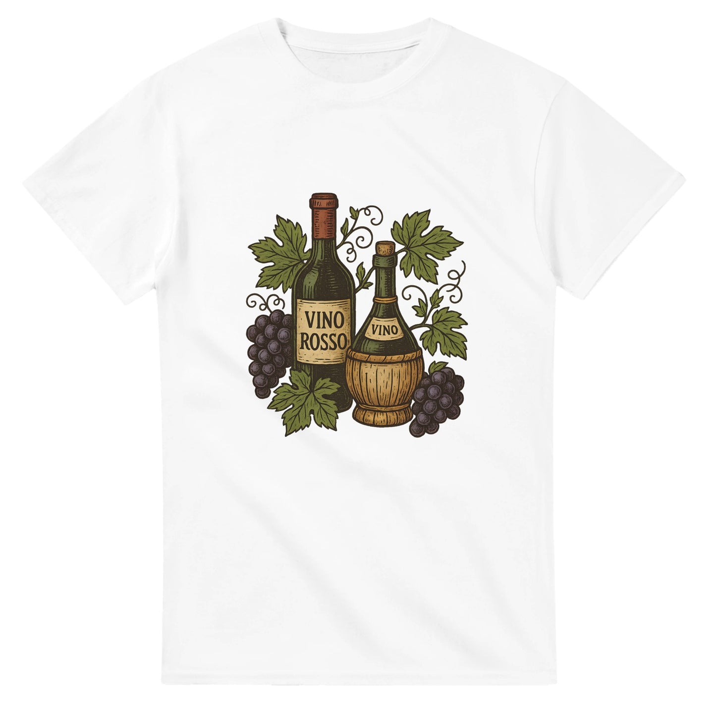 T-shirt med vin och vinstockar, perfekt för att fira italiensk tradition. Vacker vintage vinillustration för vinentusiaster.