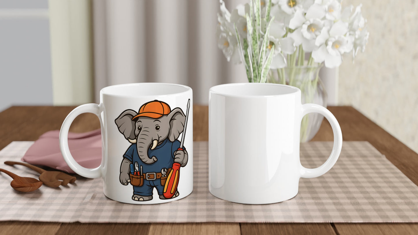 Elefant som elektriker med verktygsbälte och stor skruvmejsel. Perfekt för elefant- och elälskare!