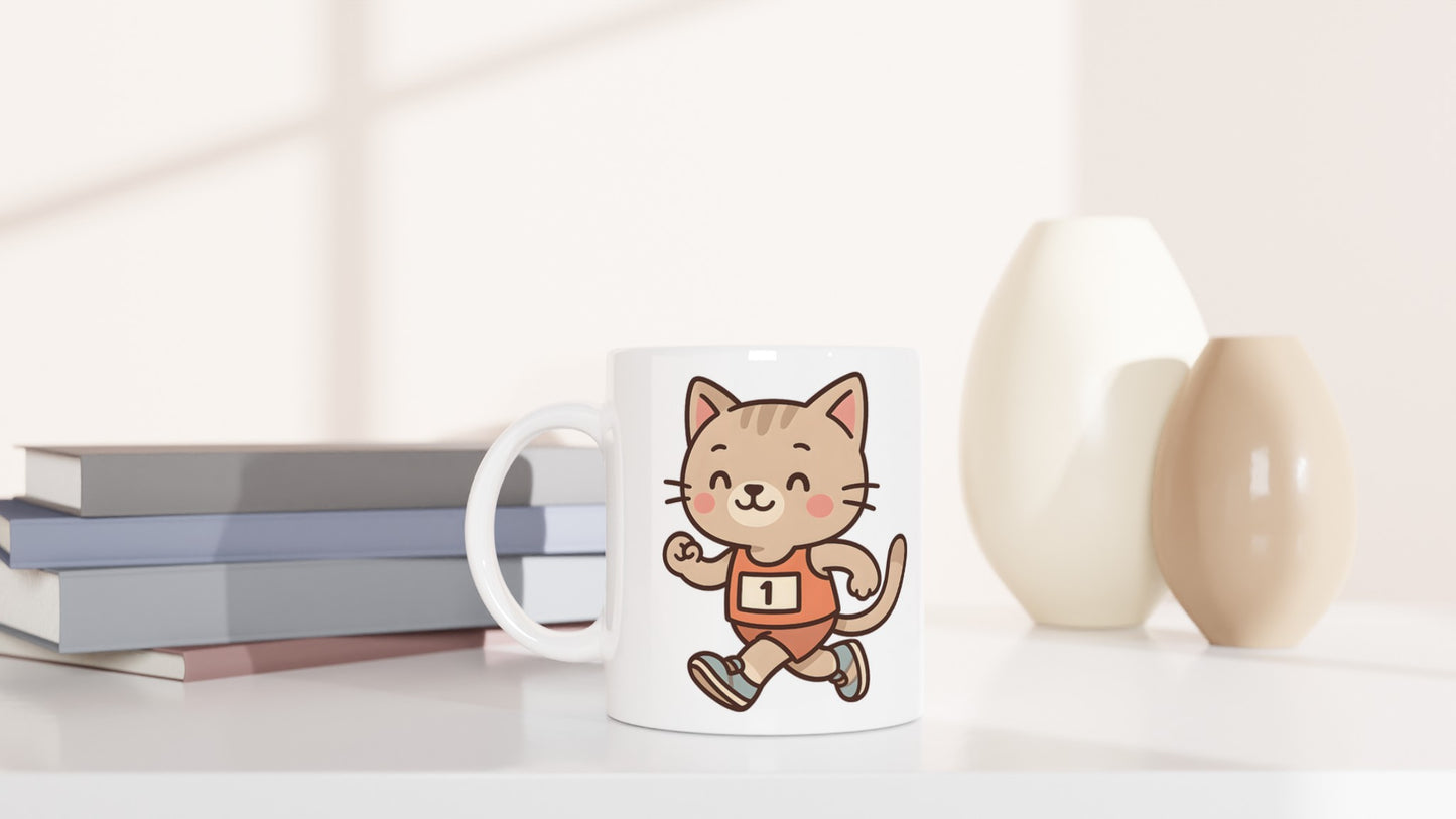 Katt i löparlinne och sportskor, charmigt och stilrent illustrerad i tecknad stil.