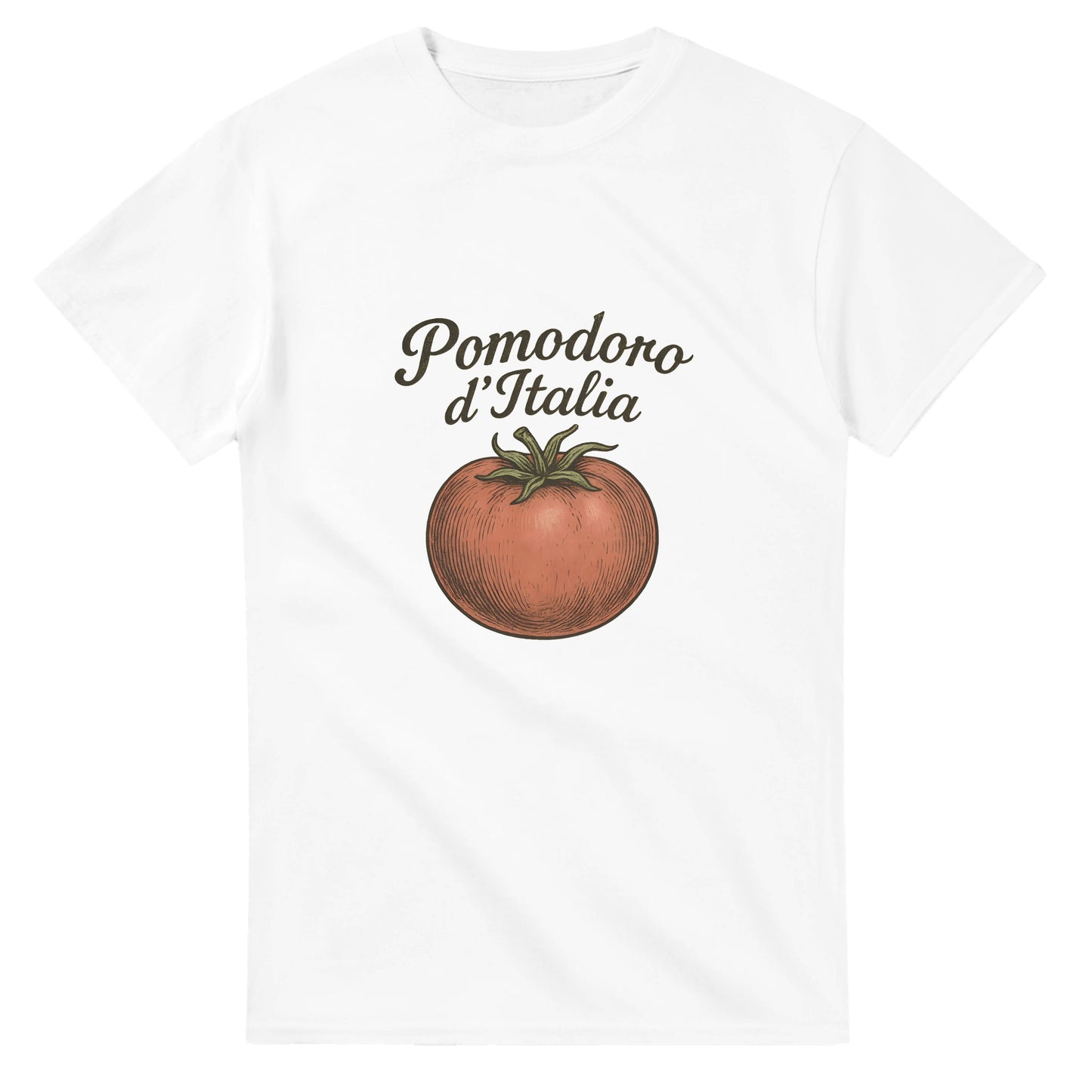 T-shirt med vintage tomatmotiv och texten 'Pomodoro d’Italia' i kurvig italiensk typografi.