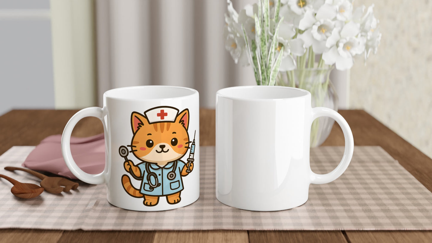 Katt Sjuksköterska Mugg - Charmig mugg med katt i sjuksköterskeuniform, välutrustad för kattälskande sjuksköterskor!
