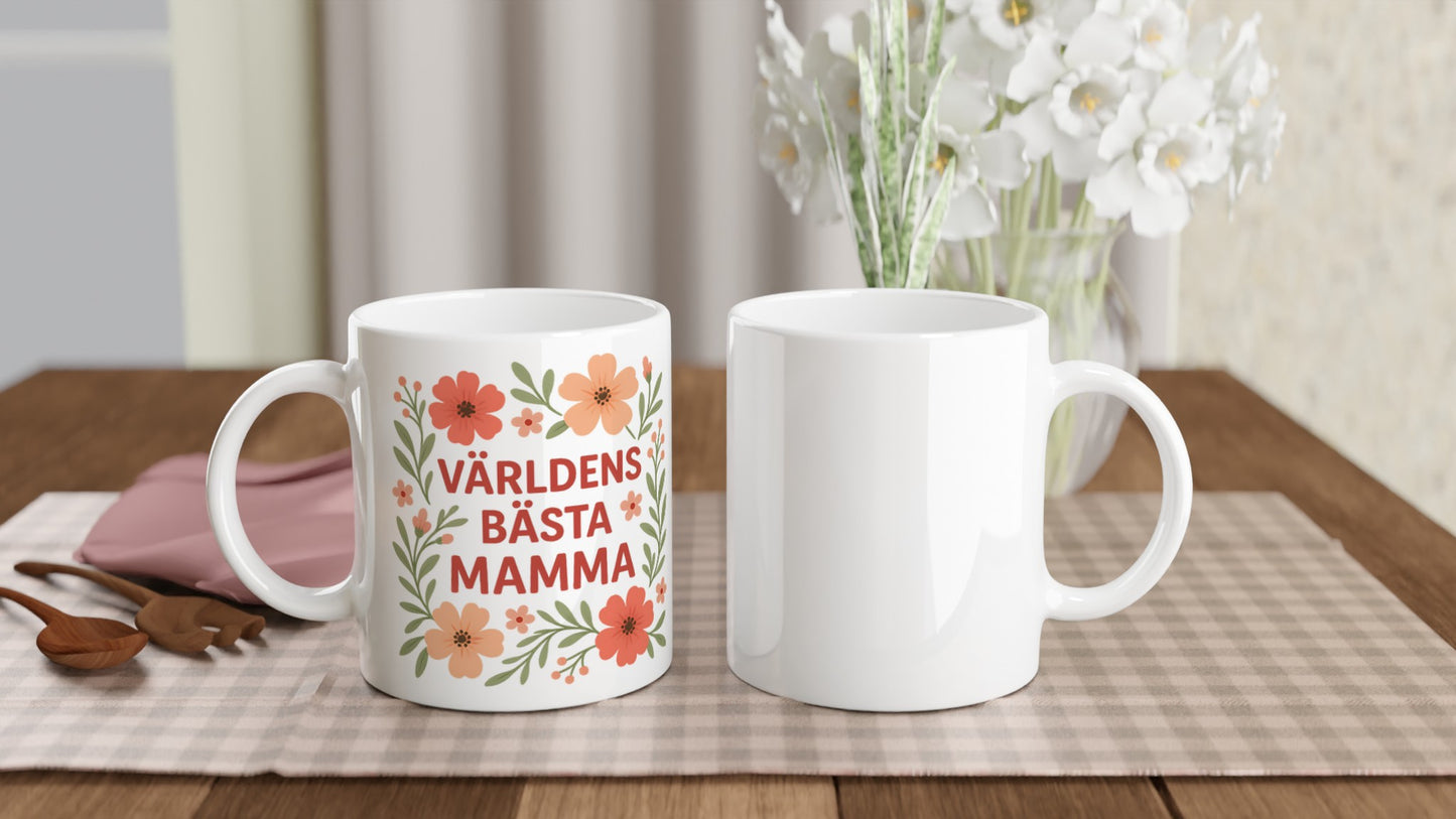 Elegant mugg för mamma med blomsterdesign och texten 'Världens bästa mamma'. Perfekt för favoritdrycken!
