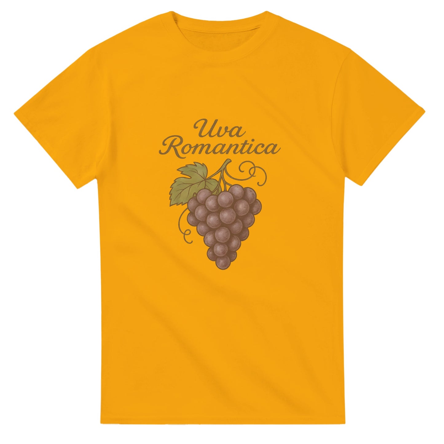 T-shirt med retrostil, 'Uva Romantica' på italienskt manér ovanför, romantisk druvklase.