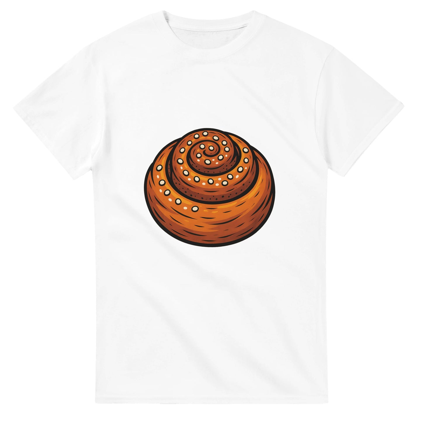 En T-shirt med en kanelbulle på en blå bakgrund, perfekt för kanelbulleälskare.