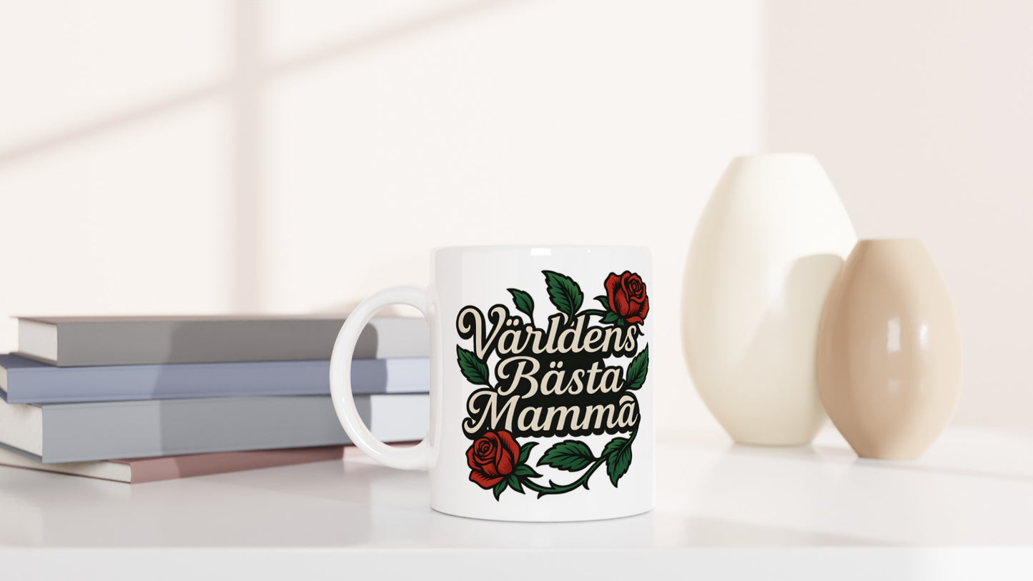 Rosentypografi Mugg - Världens bästa mamma och rosor i en fängslande komposition.