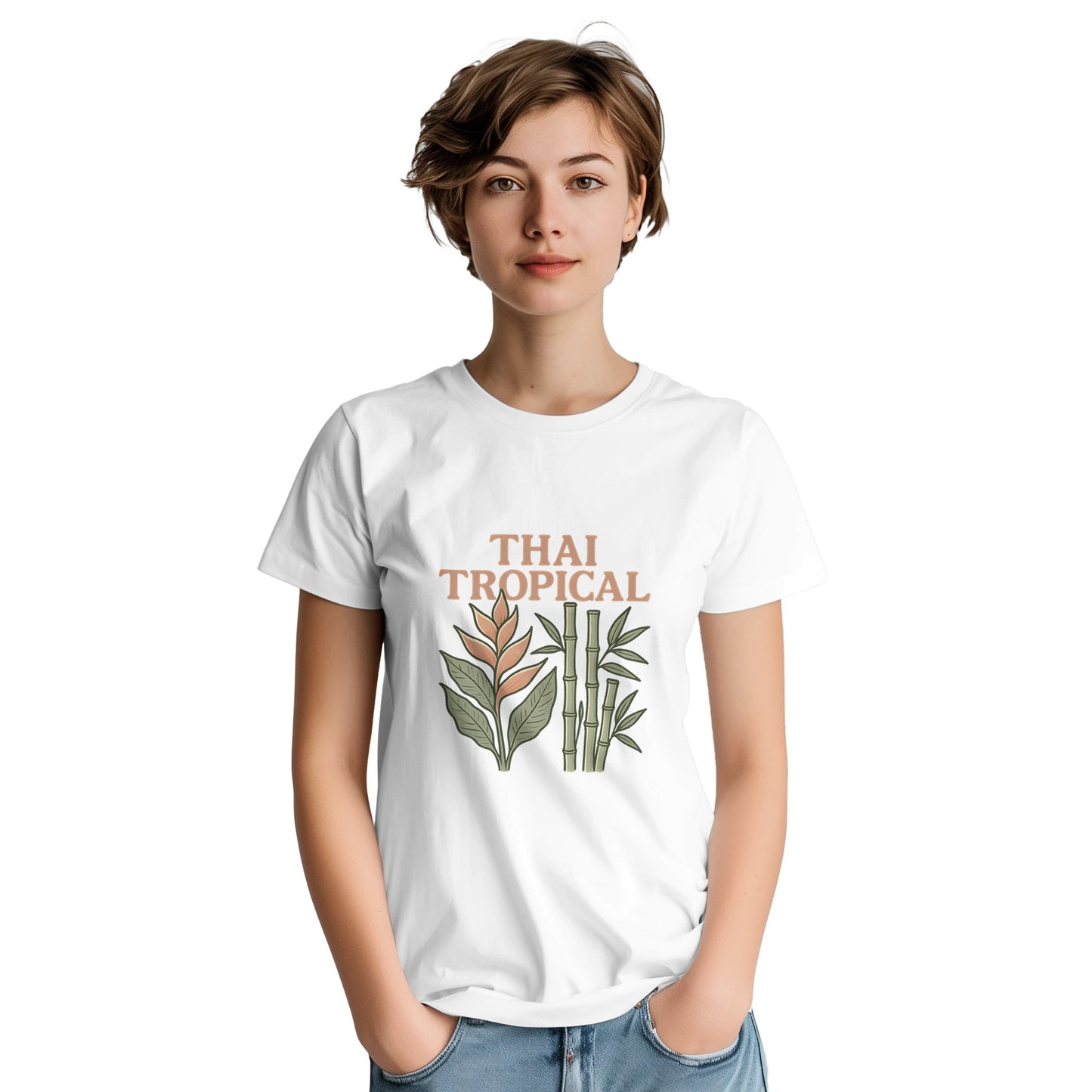 Vintage t-shirt med tropiska växter från Thailand, perfekt för att ta med sig på resan.