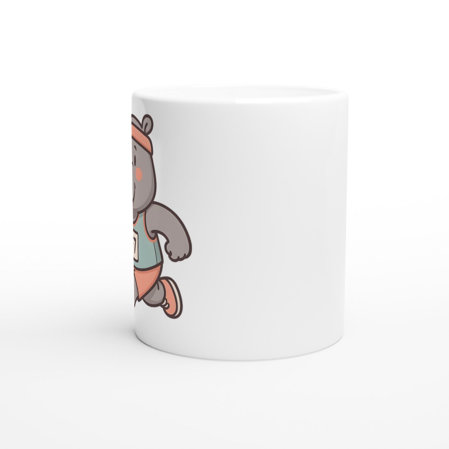 Mugg med rolig flodhäst i löparlinne och pannband, perfekt för att starta dagen med ett leende.