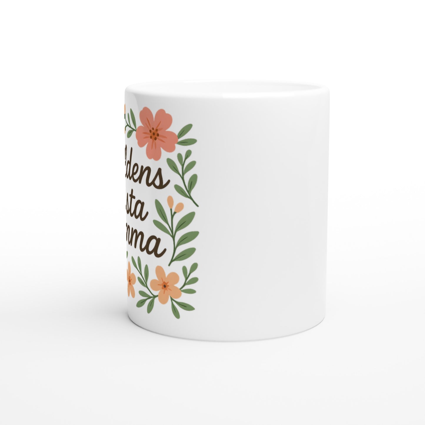 Elegant mugg med blommigt mönster, perfekt för att fira världens bästa mamma med en kopp kaffe.