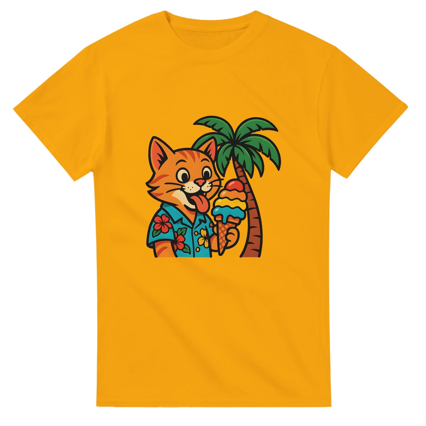 Katt i hawaiiskjorta slickar på regnbågsfärgad glass under palm.