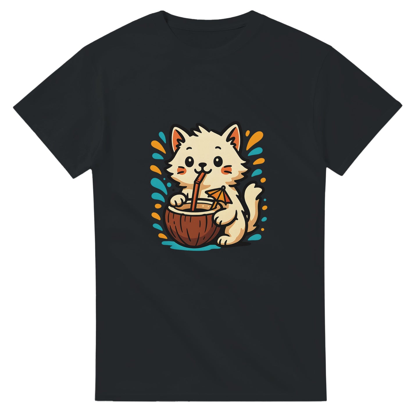 T-shirt med söt katt som dricker ur kokosnöt med sugrör och paraply, omgiven av tropiska färger. Somrig och lekfull look!