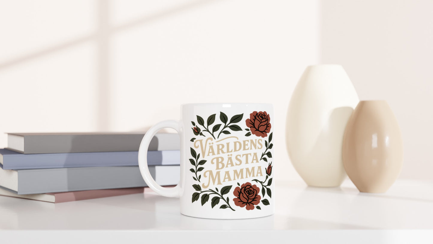 Mugg med texten Världens Bästa Mamma och blommigt mönster i vintage stil - en perfekt hyllning.