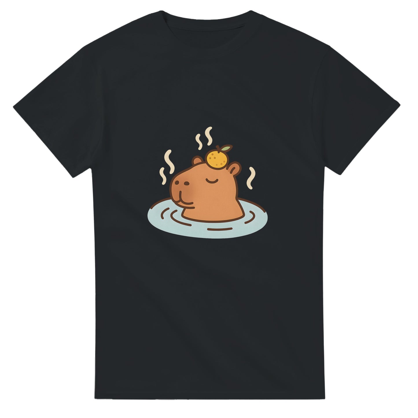 Capybara i varm källa med citrus på huvudet. Lekfullt motiv för total zen och värme.