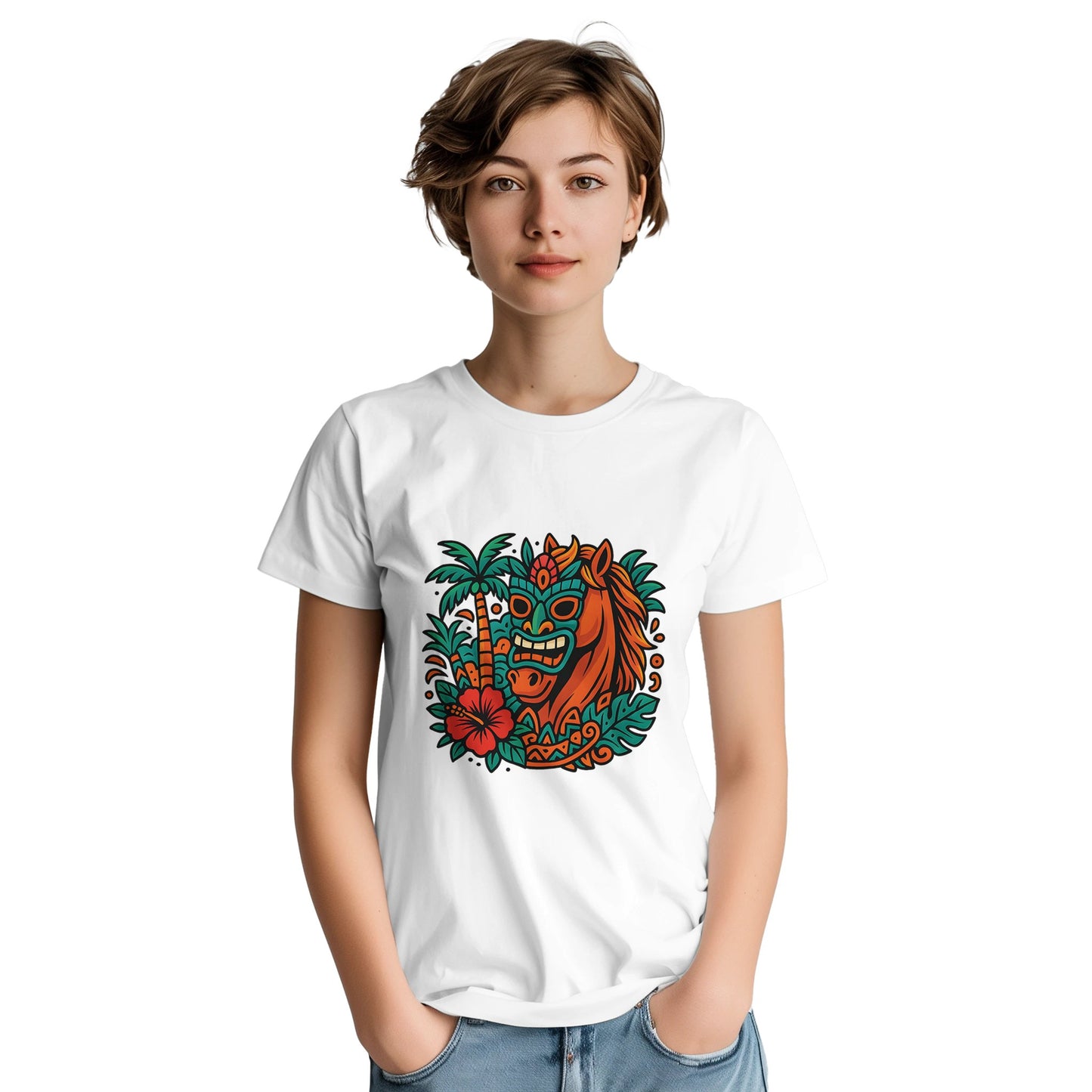 Tropisk häst med tiki-mask och färgglada mönster, en färgsprakande upplevelse!