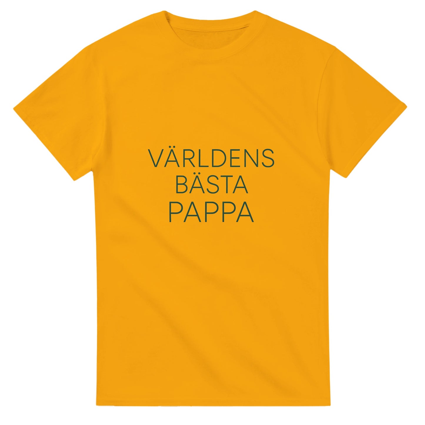 T-shirt med minimalistisk design, 'Världens bästa pappa' i tunn sans-serif font, elegant mörkgrön färg.