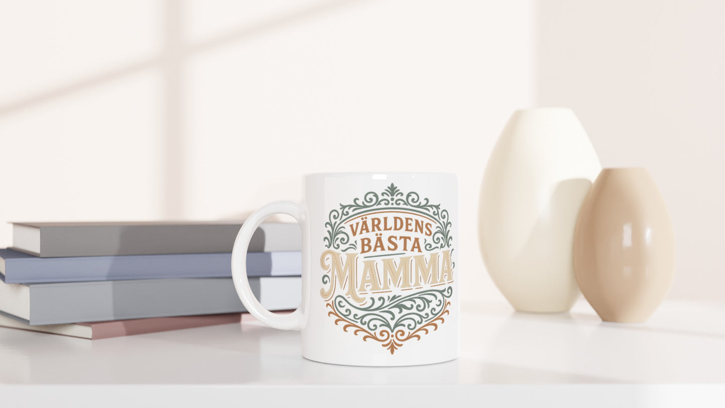 Mugg med texten 'Världens Bästa Mamma' i elegant vintage design. Perfekt gåva till mamma.