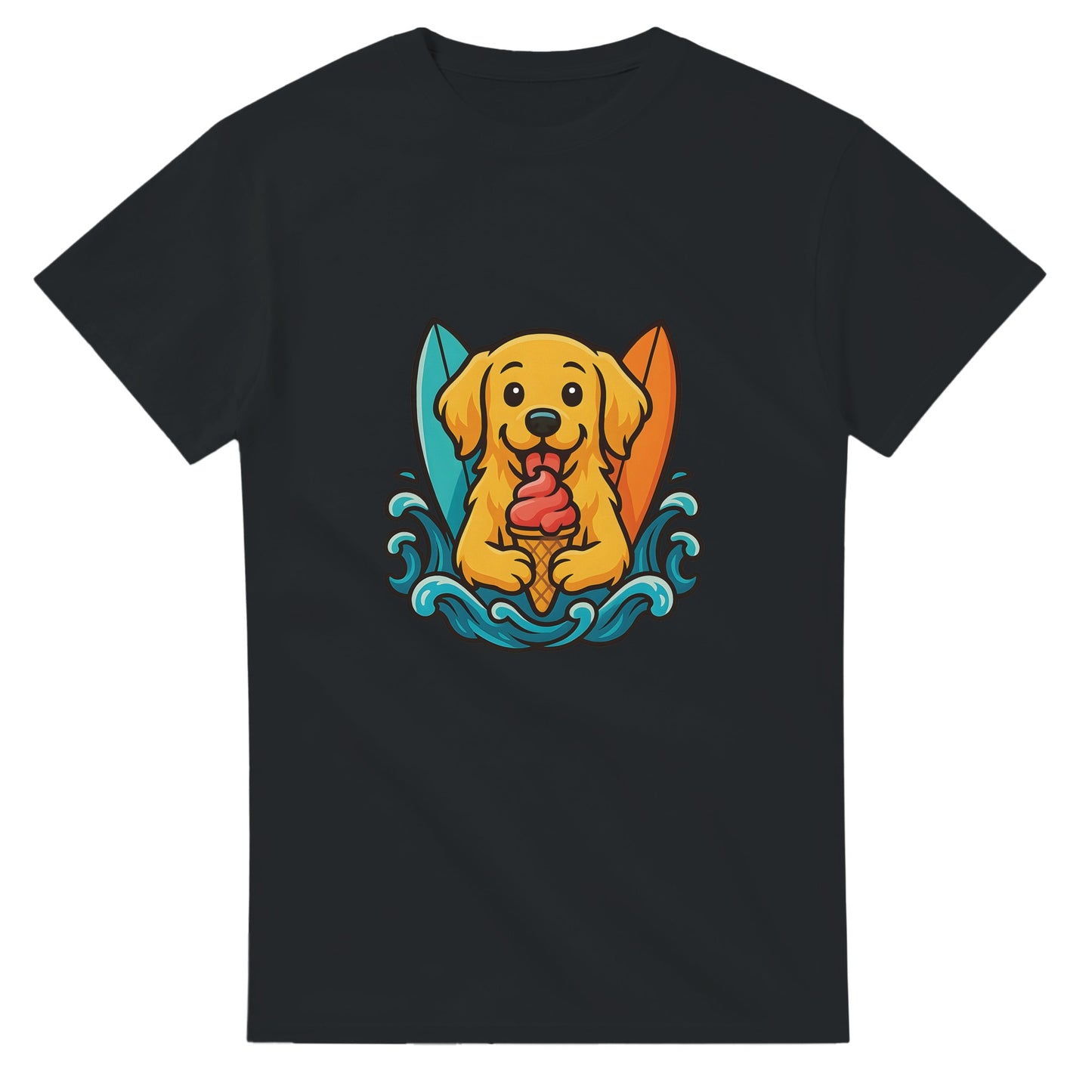 Söt golden retriever med glass och surfbrädor vid tropiska vågor. Perfekt för strandentusiaster!