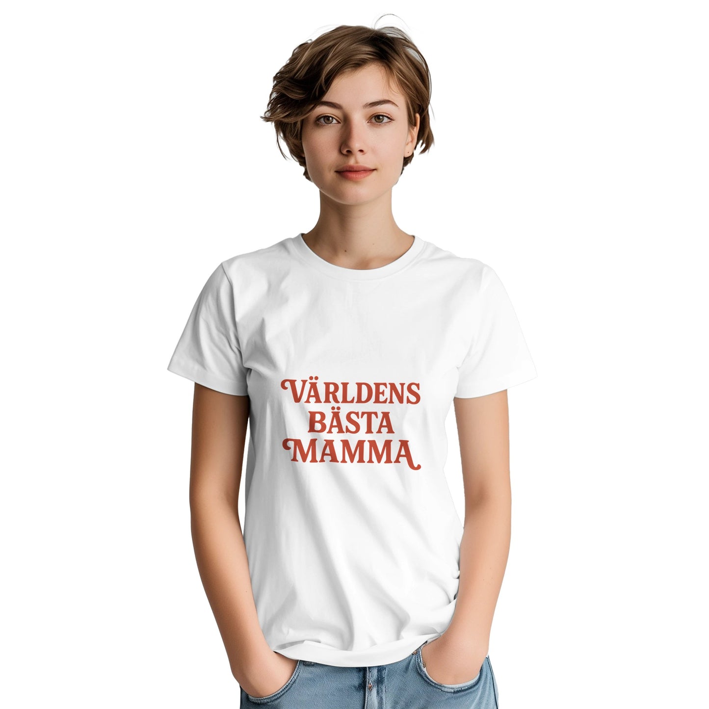 T-shirt med texten 'Världens bästa mamma' i charmig vintage-font och varm röd färg för en nostalgisk retrokänsla.