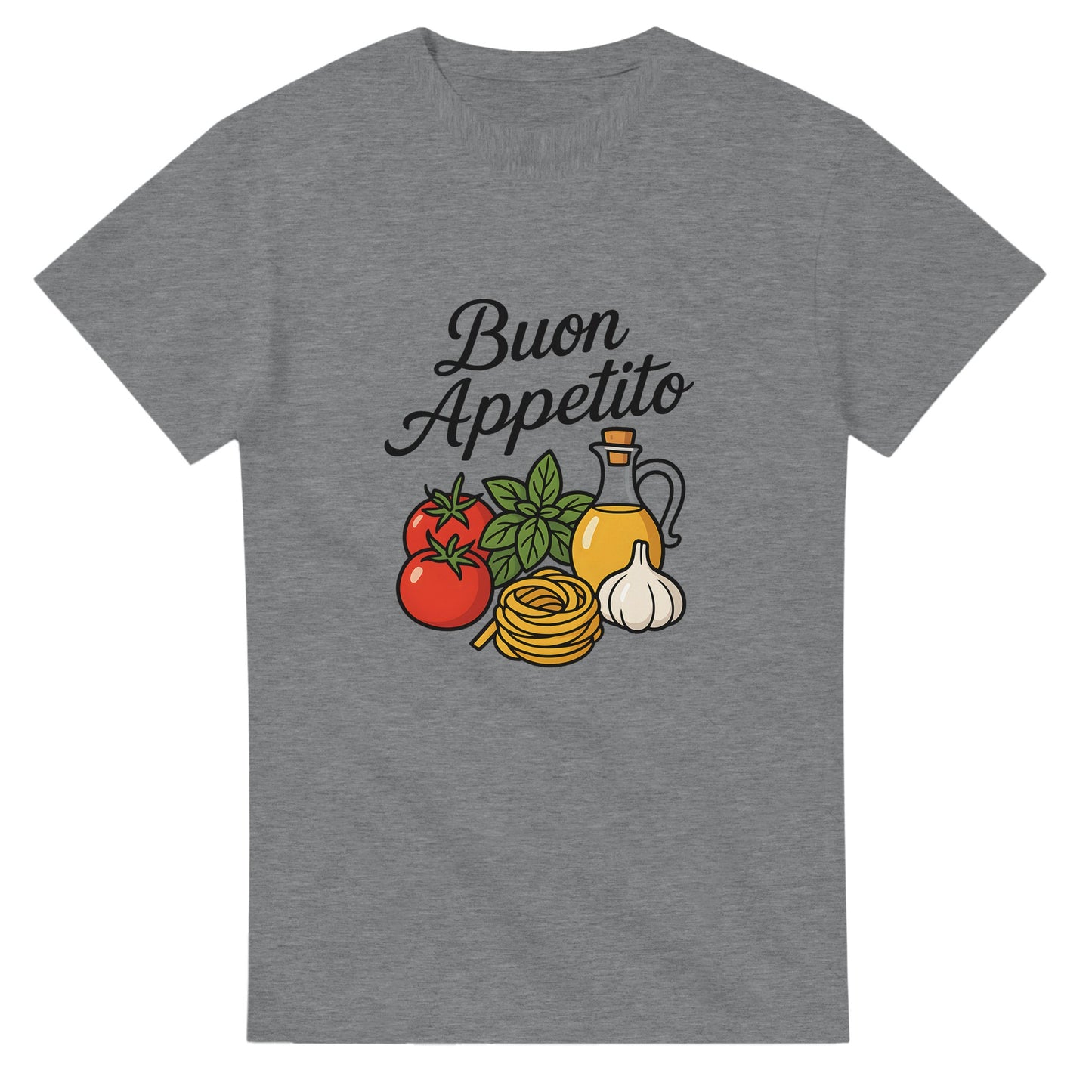 T-shirt med handskriven text 'Buon Appetito'. Konstnärlig hyllning till italiensk matglädje. Perfekt för köket!