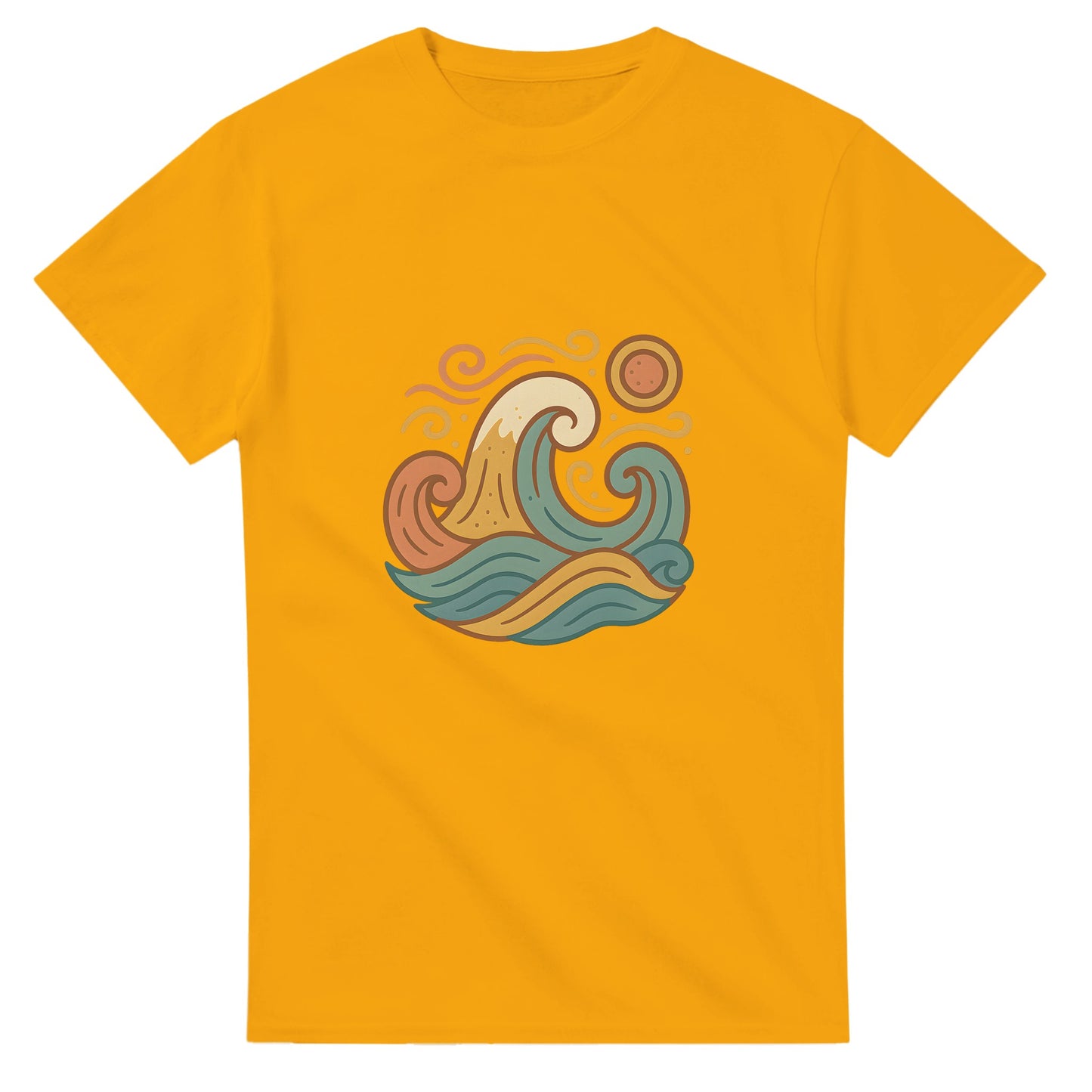 T-shirt med spanska vindar, stiliserade vågor och dämpade medelhavsnyanser. Fångar känslan av varma vindar i Spanien.