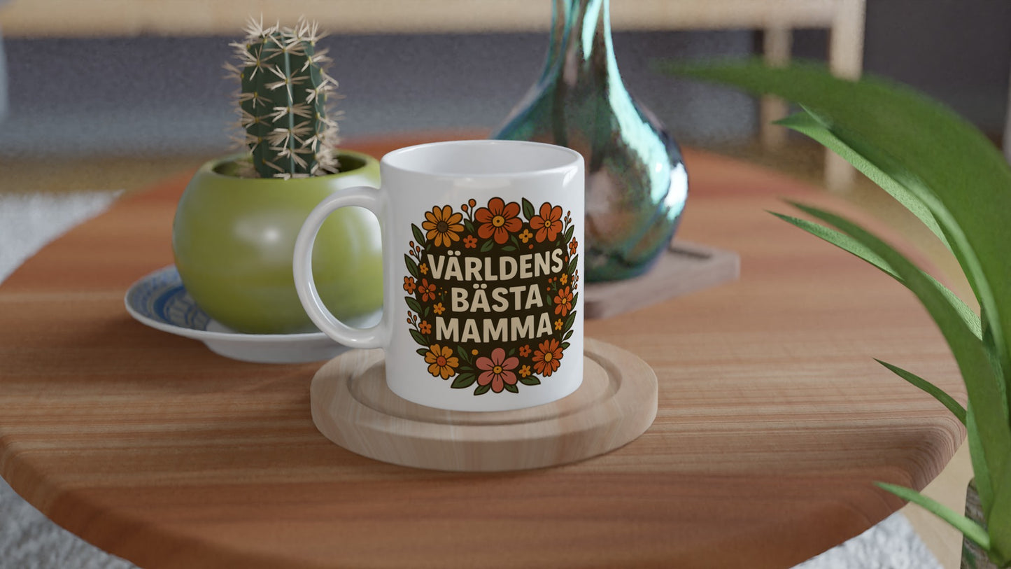Mugg med texten 'Världens bästa mamma' inramad av blomsterprakt. Perfekt gåva till mamma!