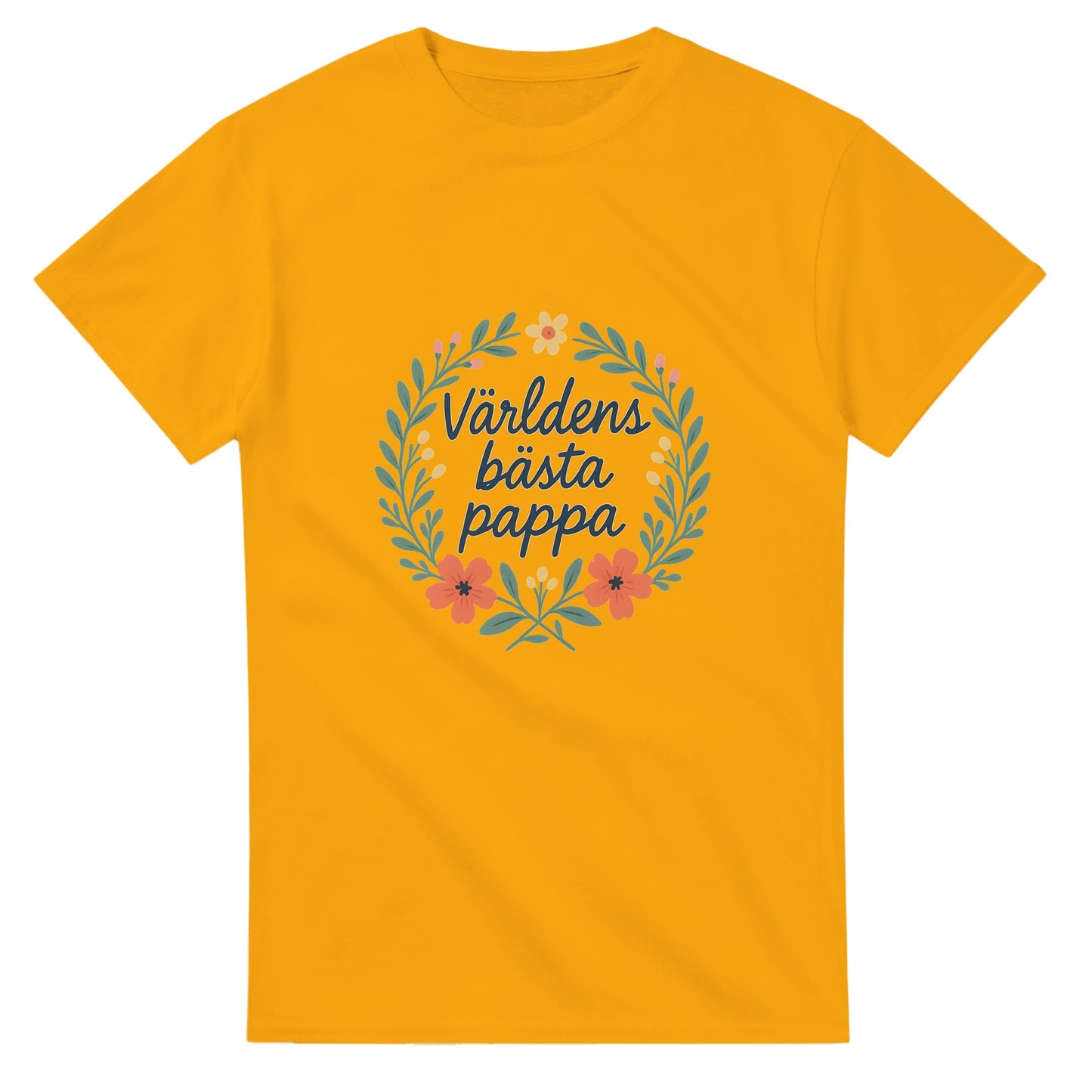 Stilfull T-shirt med handskriven text 'Världens bästa pappa' och blomkrans. Perfekt för den speciella pappan.
