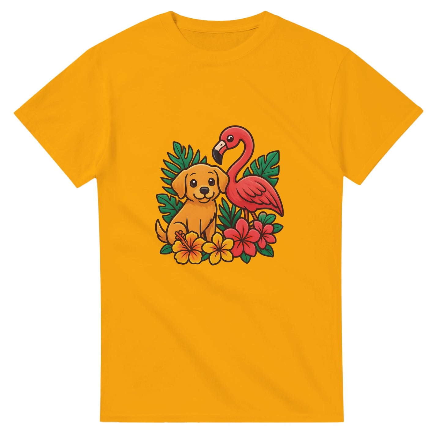 T-shirt med hund och flamingo i tropisk miljö, charmig och trendig design med färgglada blommor.