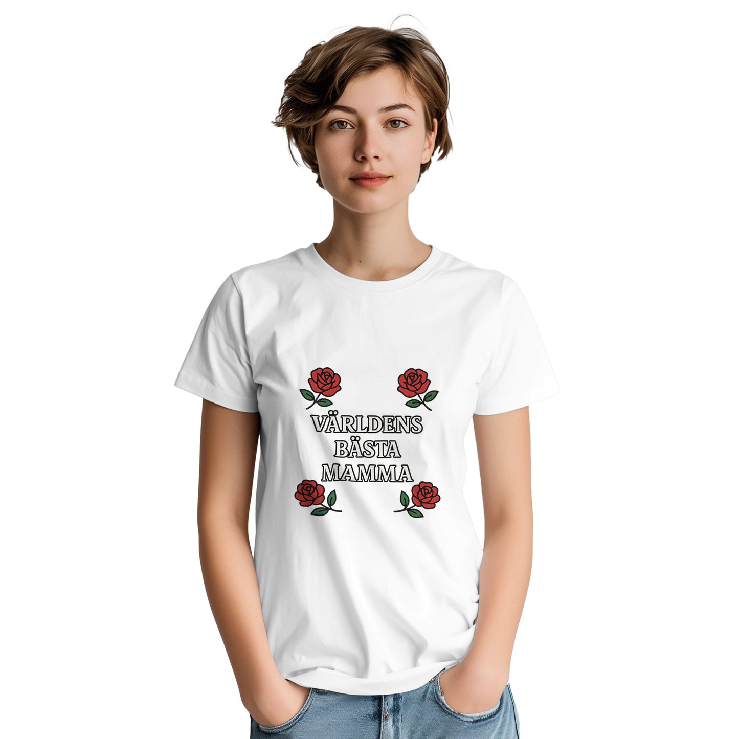 Mamma T-shirt med kärleksfull design av rosor och texten 'Världens bästa mamma'. Elegant och bärbar stil.